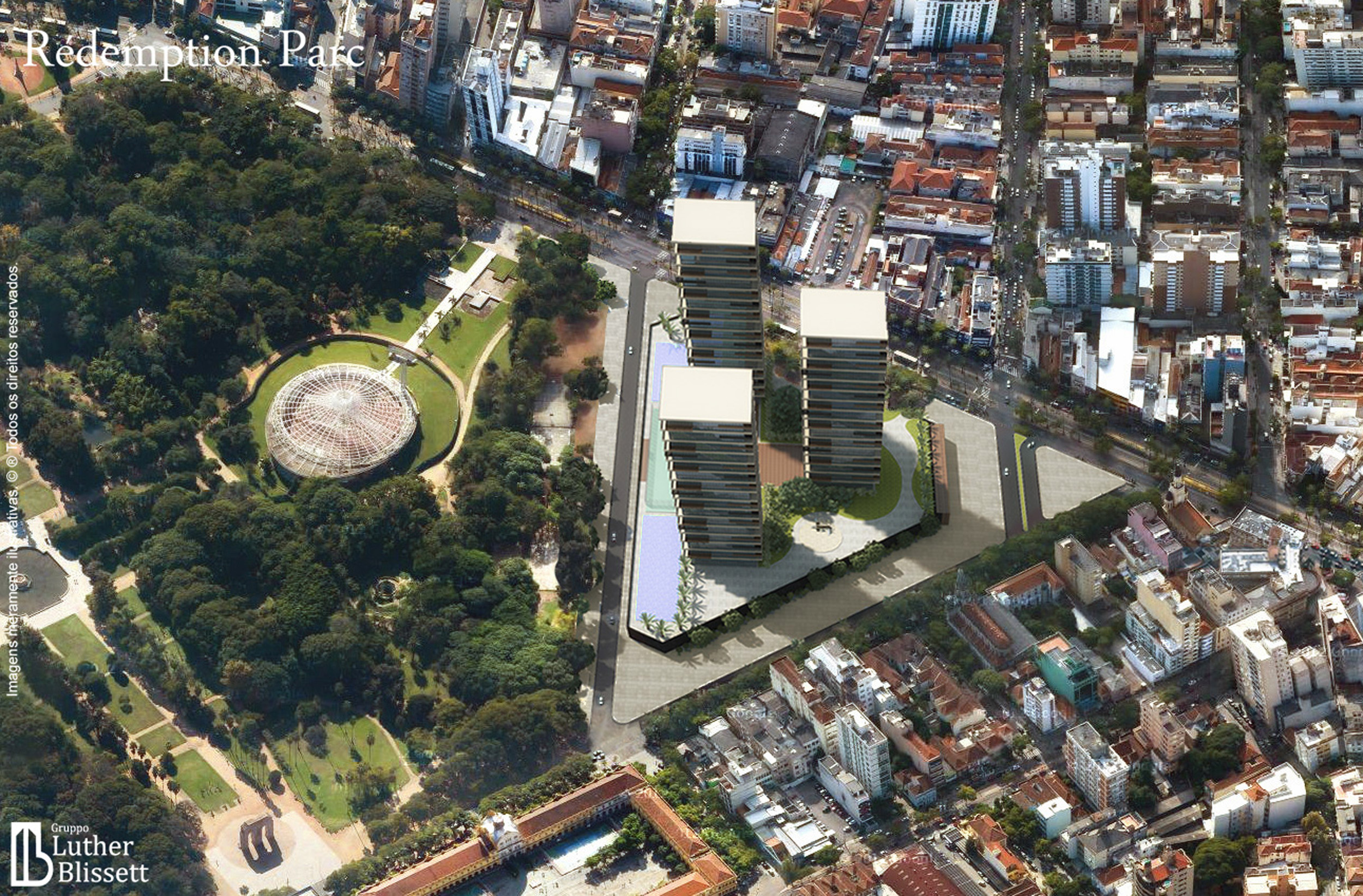  Figura 1 – Vista aérea do Parque Farroupilha, com a simulação do empreendimento Rédemption Parc. [imagem de satélite obtida pelo Google Maps e editada posteriormente].