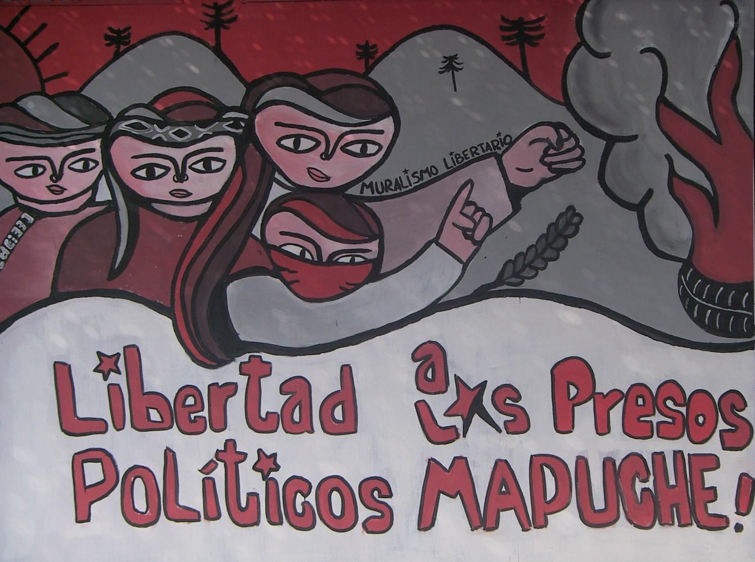  Figura 2 – Mural pintado por la Unidad Muralista Luchador Ernesto Miranda (UNLEM) – Arica exigiendo la libertad a los presos políticos mapuche, 2007. Disponível em: http://pintaylucha.blogspot.com.ar/2007/12/libertad-los-presos-polticos-mapuche_11.html